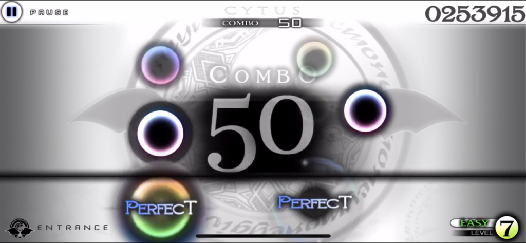 Cytus - Gameplay screenshot of Cytus showing the active scan line system with a 50 hit combo and circular rhythm notes.