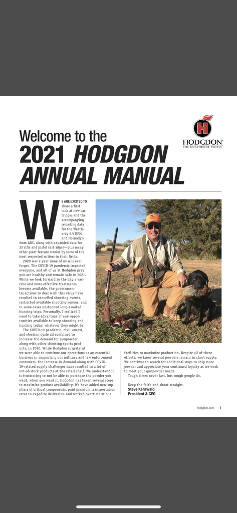 Introduction page of the Hodgdon Annual Manual featuring a hunter with his dog and the company logo