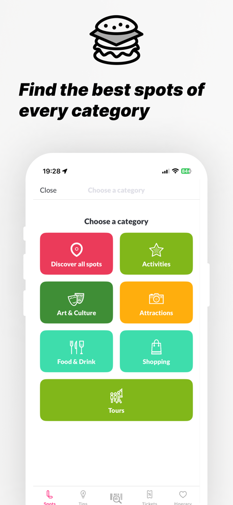 Loving New York - Pantalla de la aplicación Loving New York mostrando categorías como comida y bebida, atracciones y compras