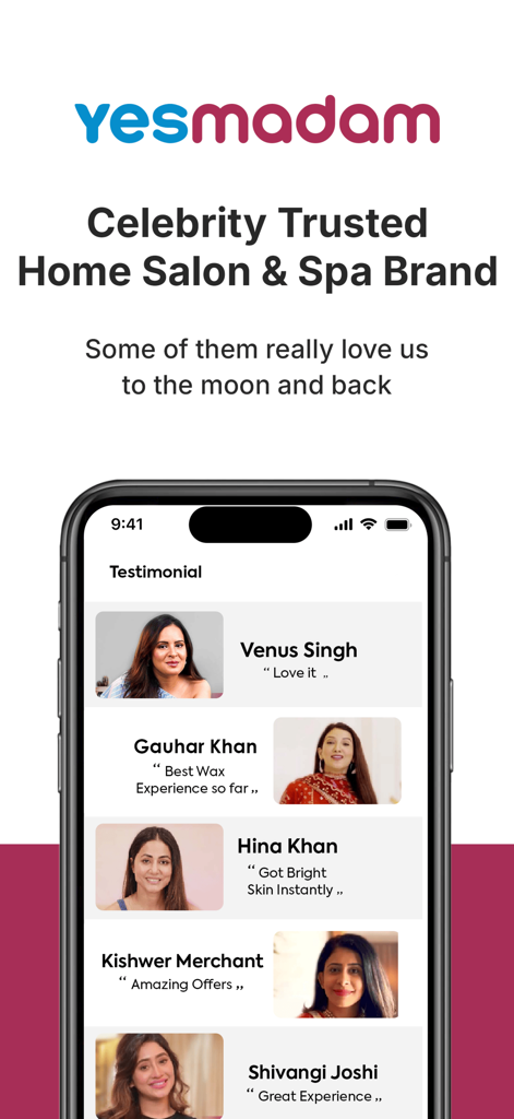 Yes Madam app screen showing celebrity testimonials and reviews for home salon and spa services