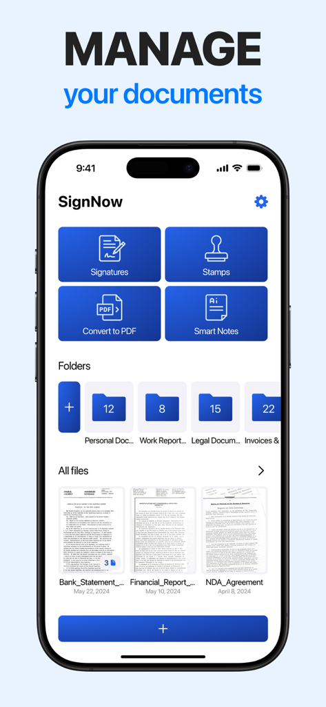 A mobile app interface for eSign showing document management tools and folders