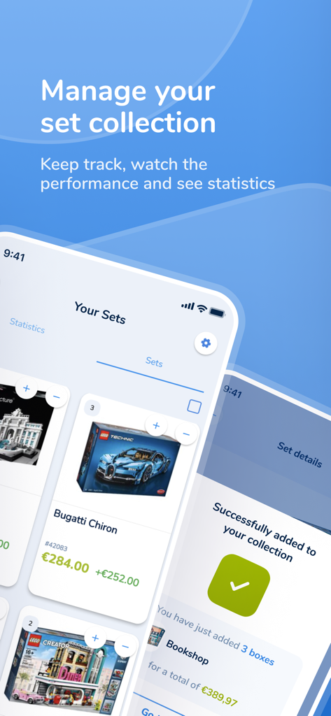 Brickfact - Brickfact app interface showing a Lego collection with set market values and statistics