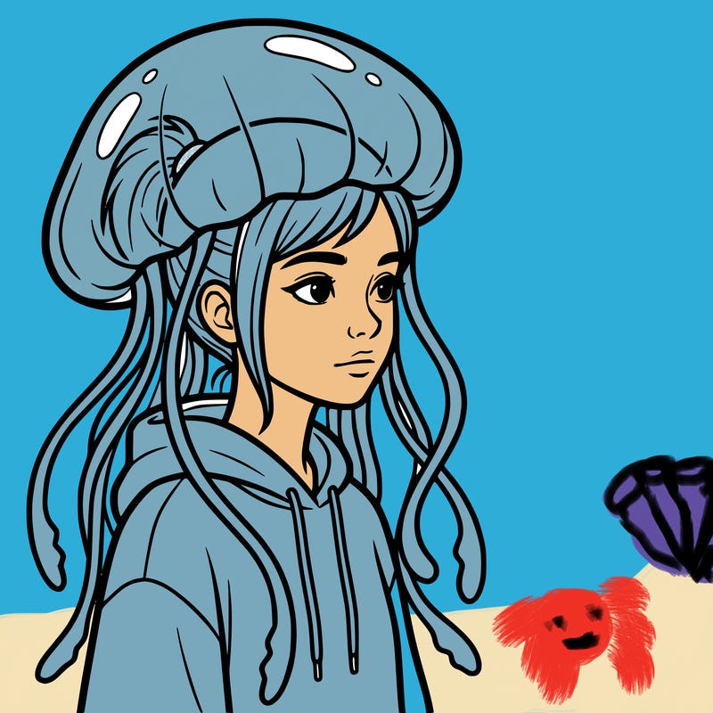 girl, has a blue jelly fish hat, girl is teenager