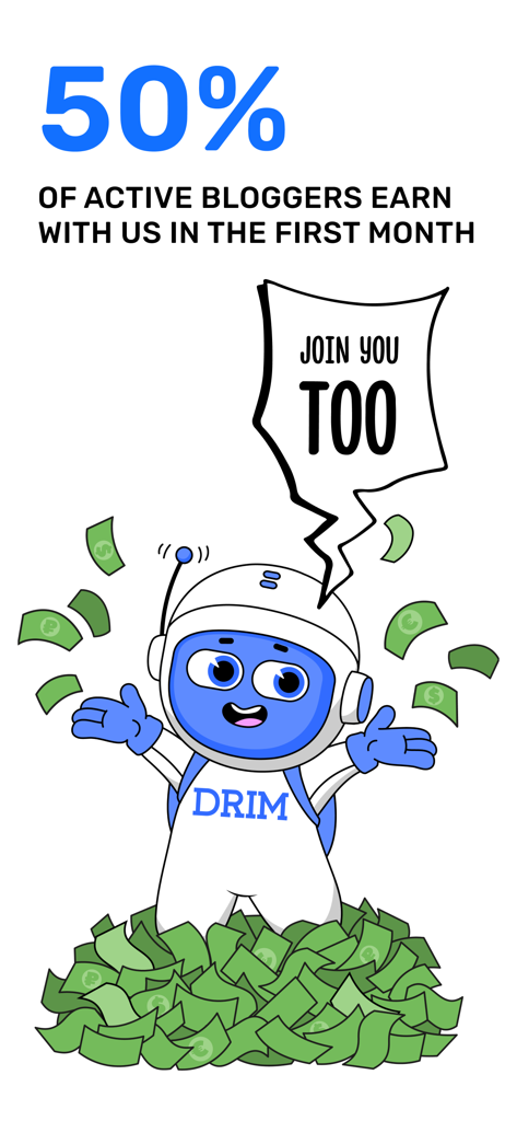 A cartoon character standing on a pile of money with text stating 50 percent of active bloggers earn in their first month