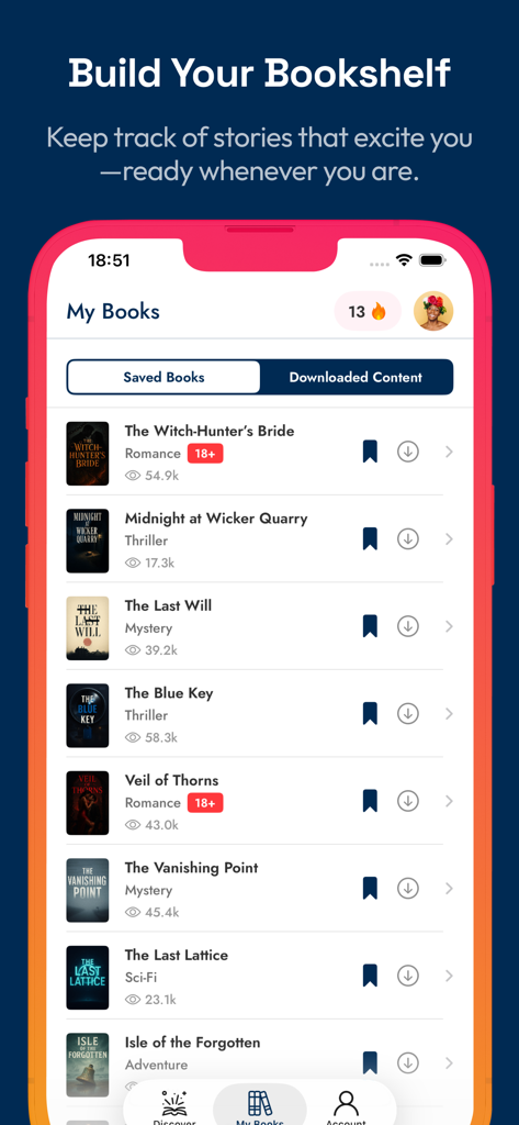 Interface of the FreeBooks app showing a user digital library with saved and downloaded book titles.