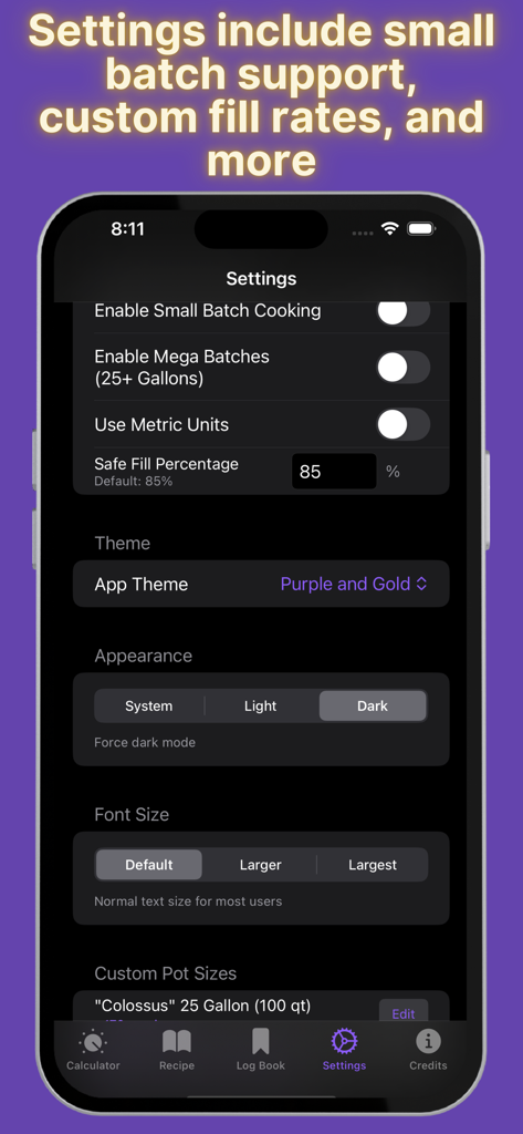 Jambalaya Calculator - Settings menu of the Jambalaya Calculator app featuring custom batch sizes, fill rates, and theme options.