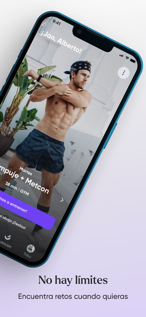 BeJao - Pantalla de smartphone mostrando la aplicación de fitness BeJao con un plan de entrenamiento diario personalizado y un atleta de fitness