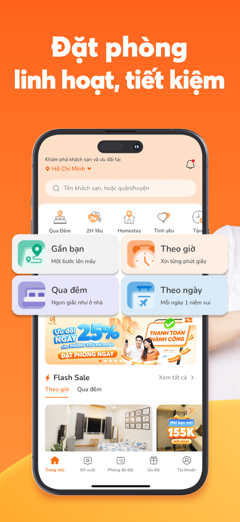 Schermata iniziale dell'app Go2Joy che mostra opzioni di prenotazione flessibili tra cui soggiorni a ore e pernottamenti.