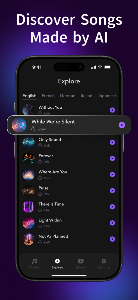L'écran Explore de l'application AI RAP présentant diverses chansons générées par IA que les utilisateurs peuvent découvrir.
