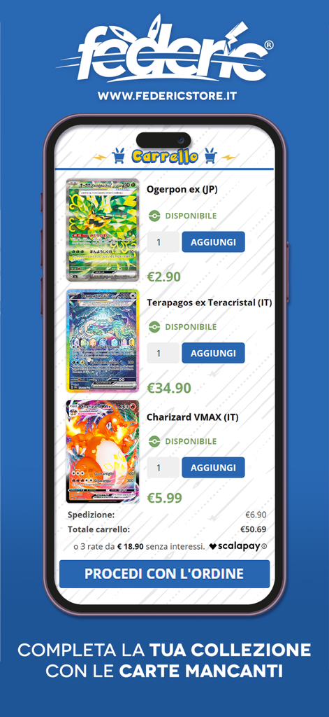 Federicstore - Screenshot of the Federicstore app shopping cart showing Pokemon cards for sale with prices and a checkout button