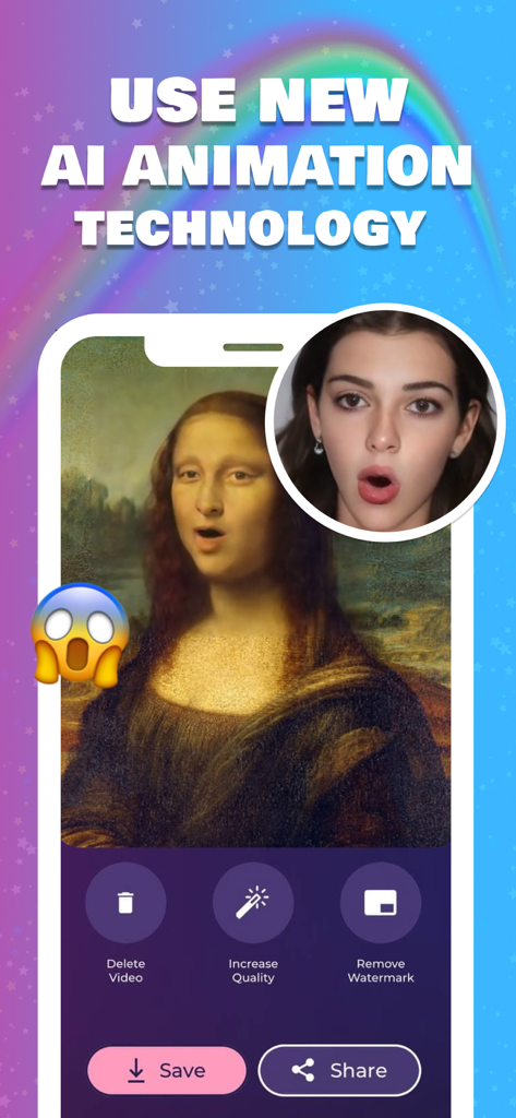 TokkingHeads AI Magic Avatars - Interfaz de la aplicación TokkingHeads que demuestra la animación facial de IA de la Mona Lisa basada en las expresiones faciales de un usuario