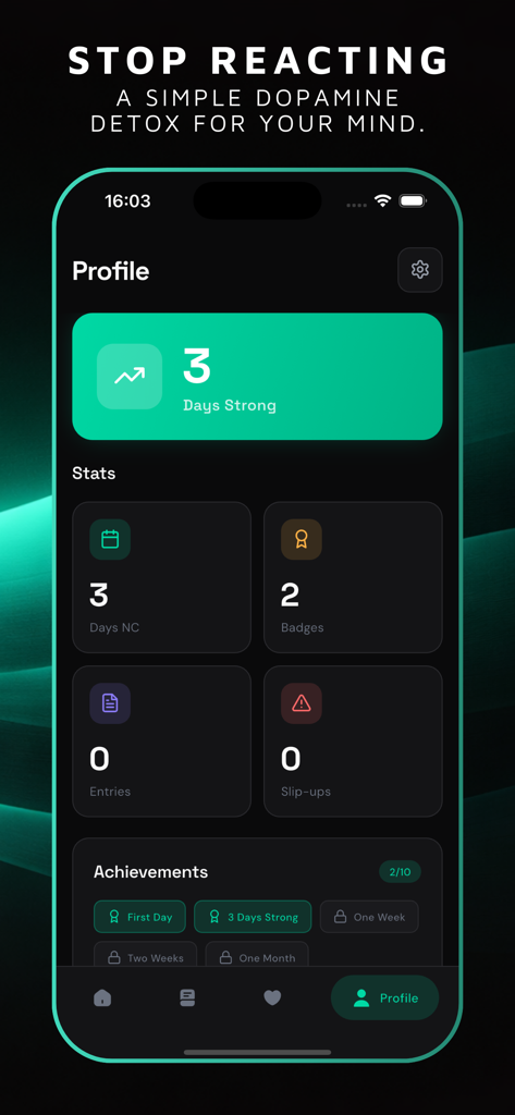 No Contact: HealDays - Schermata del profilo dell'app HealDays che mostra una serie positiva di tre giorni di no contact e i risultati del recupero dell'utente