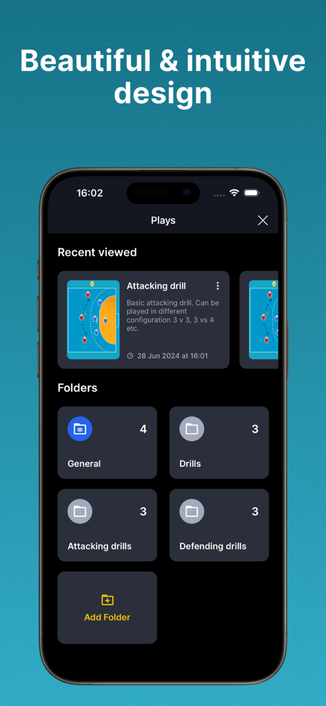 Coach Tactic Board: Handball - Handball coach app interface showing organization of drills and tactics into folders