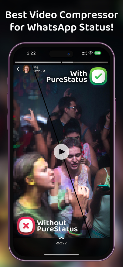 Comparison between blurry and clear video quality for WhatsApp Status using the PureStatus app