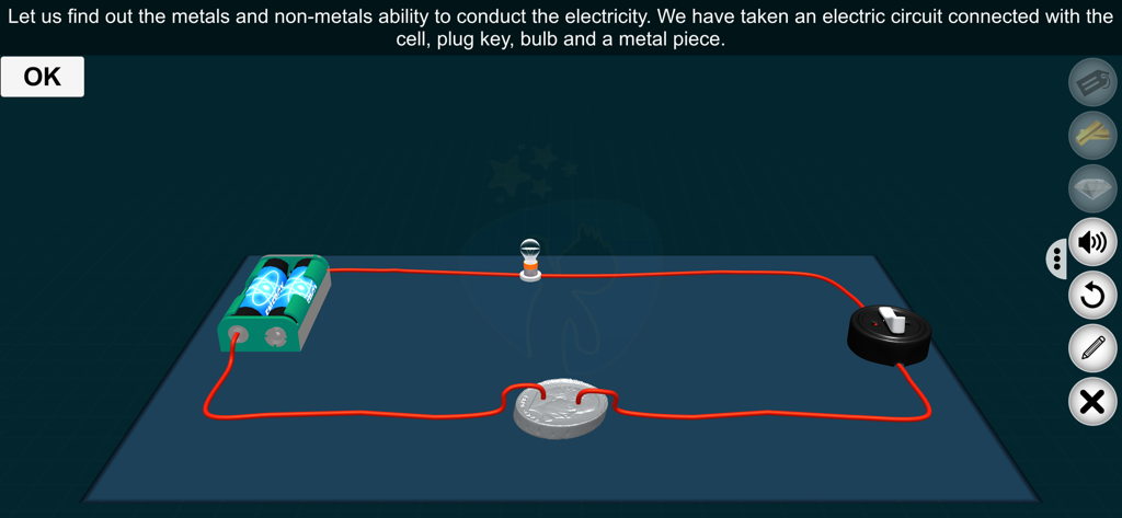 Electricity - Edutech Era - Virtual science experiment showing an electric circuit testing a metal coin for conductivity