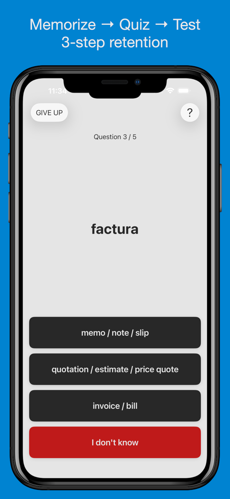 Pro - Basic Spanish Vocabulary - Spanish vocabulary quiz interface showing the word factura with multiple choice options