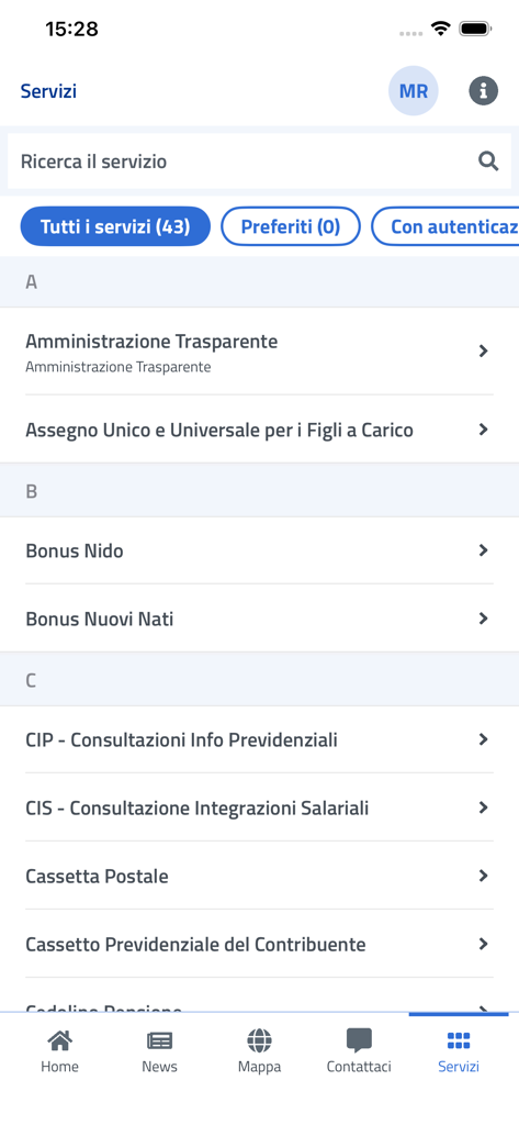 INPS mobile - La pantalla de servicios de la aplicación INPS mobile que muestra una lista alfabética de opciones de seguridad social.