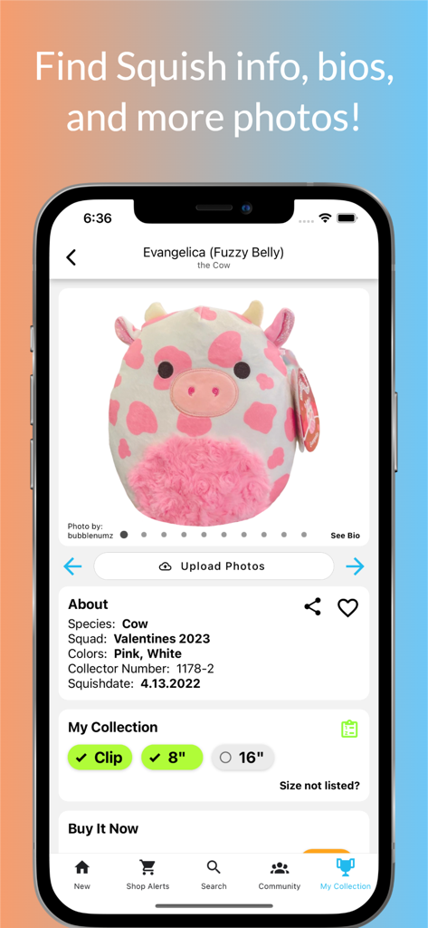 A detailed view of a Squishmallow profile in SquadApp showing its bio, species, colors, and collection tracking options.