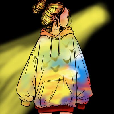 realistic girl with a oversized sweatshirt on and a bun