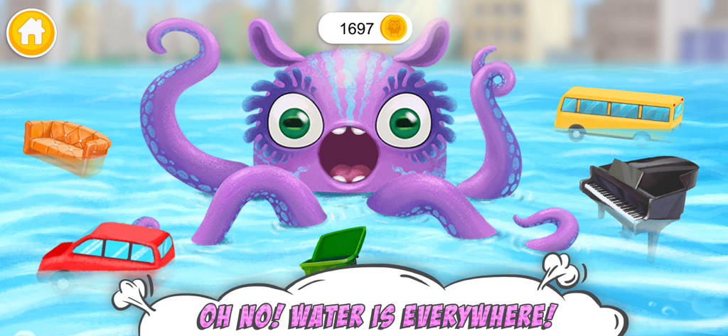 A purple water monster causing a flood in Super City with floating vehicles and furniture