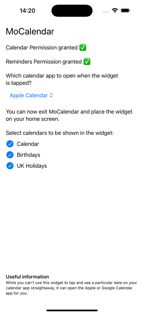 Pantalla de configuración de la aplicación MoCalendar que muestra permisos de calendario y recordatorios y opciones de configuración de widgets