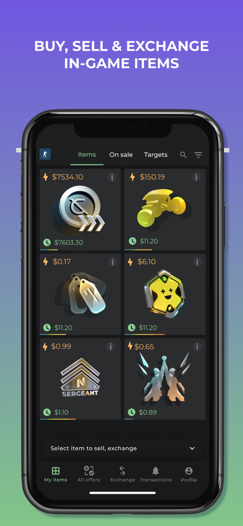 Mobile interface of DMarket app for buying selling and exchanging in-game items