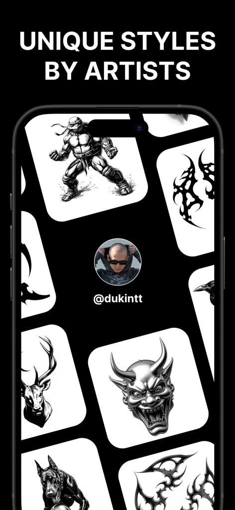 TatsHub mobile app interface showcasing unique tattoo designs and artist inspired styles