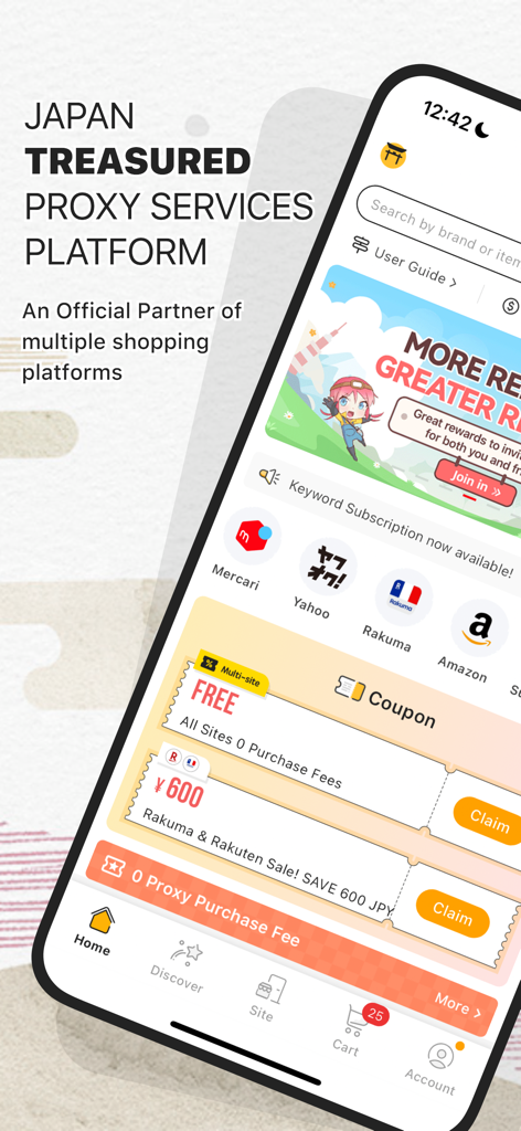 Doorzo mobile app home screen showing Japanese shopping platforms and discount coupons