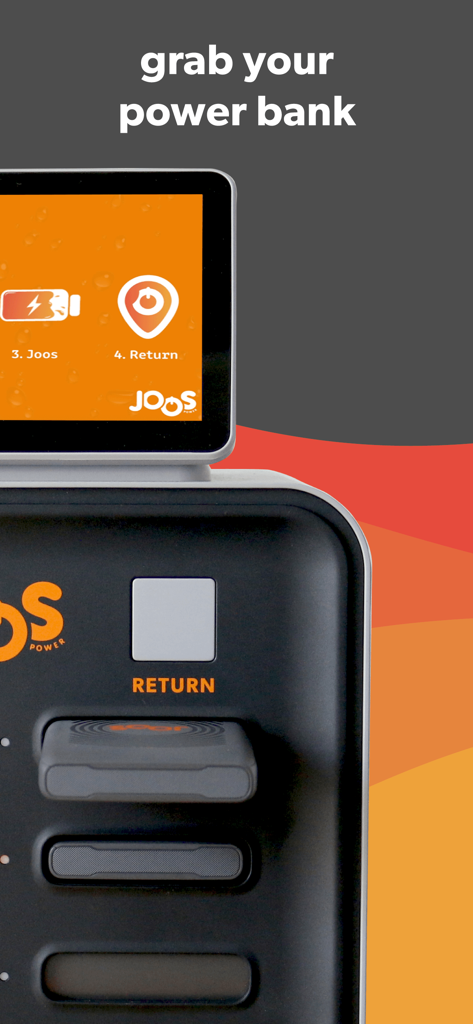 Joos - A Joos power bank rental station with a return button and charging slots