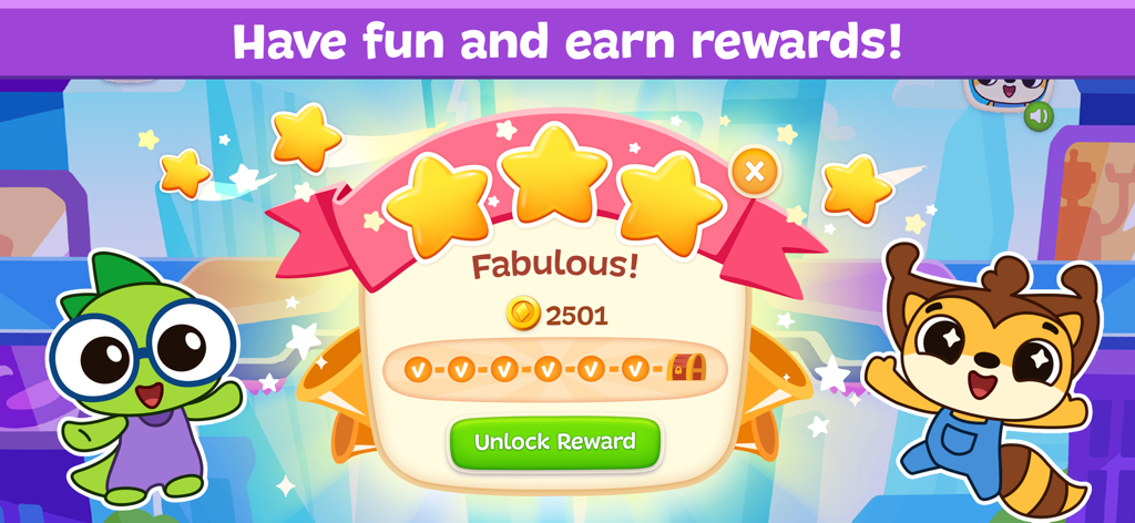 Belohnungsbildschirm mit Sternen und Cartoonfiguren in der App Mathespiele für Kinder