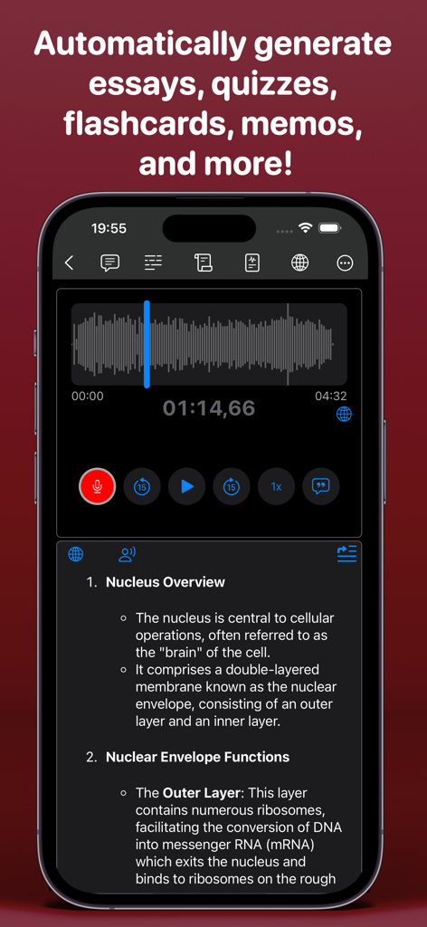 Aı Note Taker - Voice Notes - Pantalla de la aplicación AI Note Taker mostrando una grabación de voz siendo transcrita en notas de estudio estructuradas.