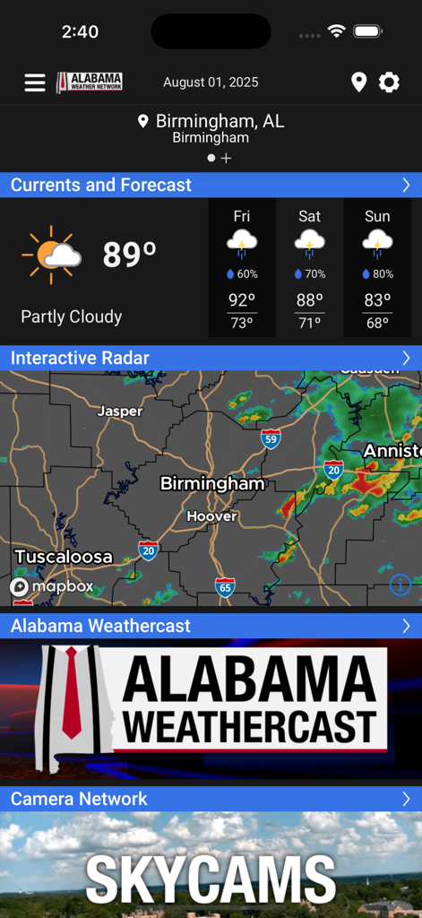 Alabama Weather Network app interface showing Birmingham current forecast and interactive storm radar.