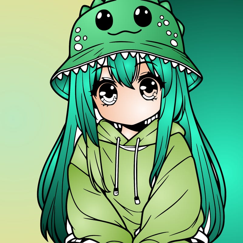 girl with anime shaped eyes with a dinosaur bucket hat oversized sweatshirt long straight hair