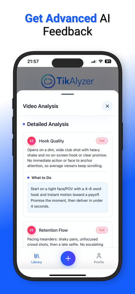 TikAlyzer: Go Viral Faster - Smartphone displaying the TikAlyzer app with AI video analysis for hook quality and improvement tips