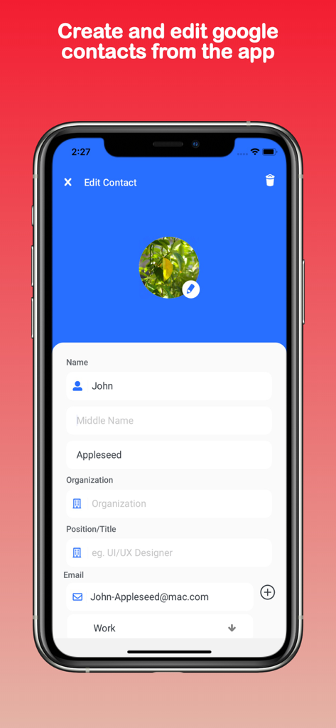 Interface of the Shared Contacts for Gmail app showing the edit contact screen for a user named John Appleseed
