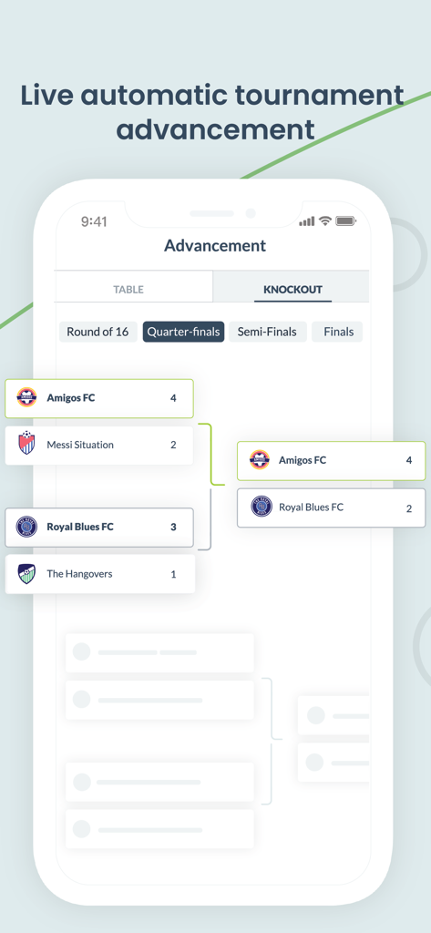 Chave de eliminação de torneio mostrando pontuações e avanço das equipes no OpenSports