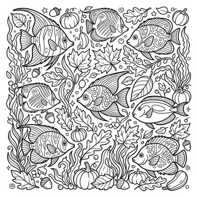 Discover a unique blend of aquatic beauty and cozy fall vibes with this enchanting coloring page. Intricate tropical fish swim gracefully among falling leaves, plump pumpkins, and scattered acorns, offering a delightful scene for your creative touch.