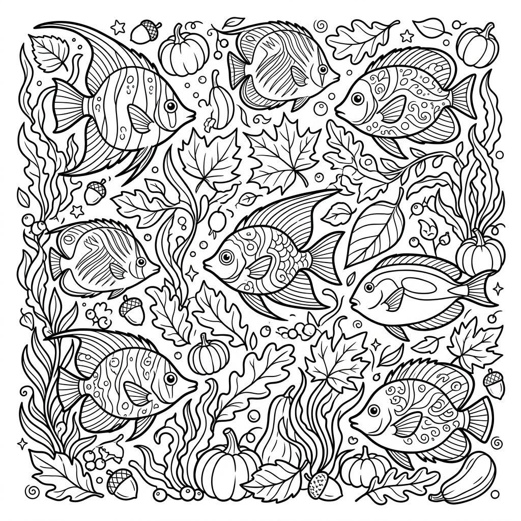 Tropical Fish in Autumn Leaves: Adult Coloring Page