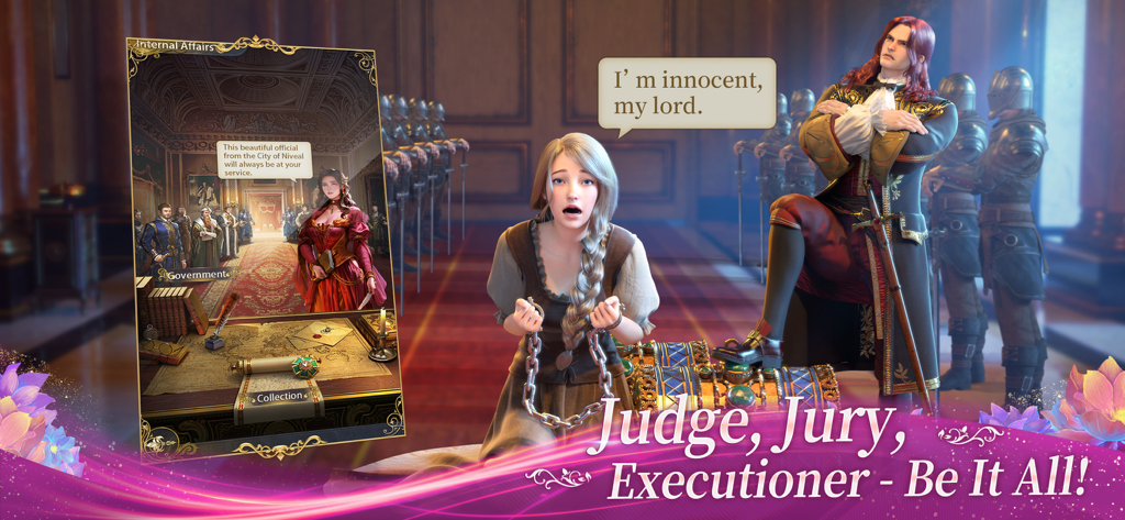 A medieval king judging a pleading woman in chains within a royal court hall