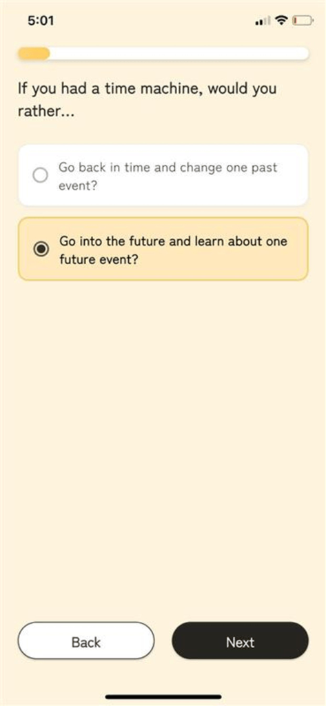 A screen from the StepOut World app showing a personality quiz question about using a time machine with options to visit the past or the future.