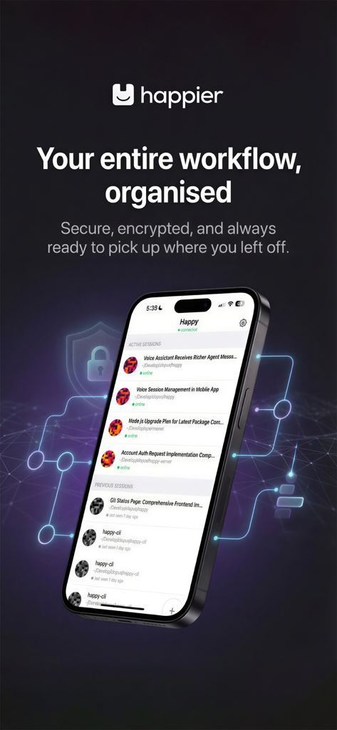 Happier: Claude Codex OpenCode - Smartphone screen showing the Happier app interface with active and previous AI coding sessions