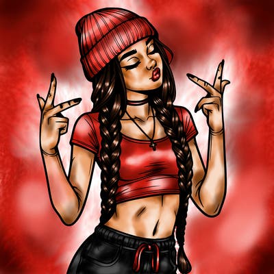 realistic teenage girl with braids and a beanie and crop top doing 🫶🏼