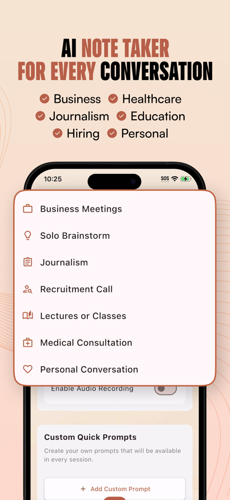 Hedy AIミーティングコーチアプリのスクリーンショットで、ビジネス会議、講義、医療相談などのさまざまな会話カテゴリを示しています。