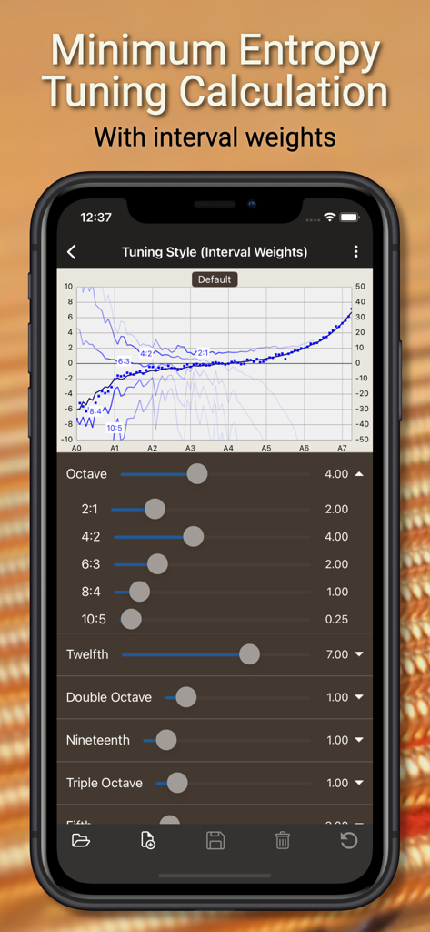 PianoMeter – Piano Tuner - Interfaz de la aplicación PianoMeter para el cálculo de afinación de mínima entropía con deslizadores de peso de intervalo