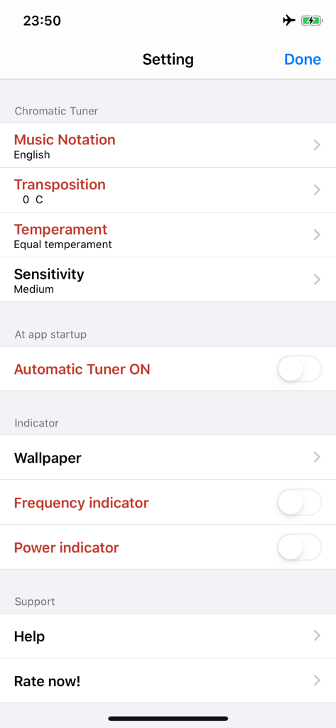 Settings menu for Tuner Lite by Piascore showing musical notation and transposition options