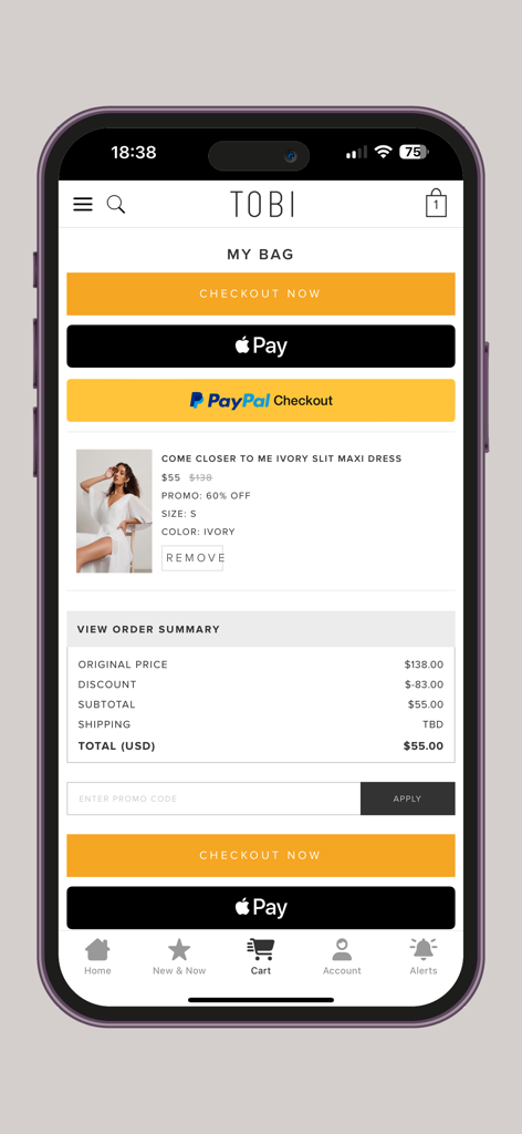 Tobi - Shopping cart screen in the Tobi app showing an ivory maxi dress with checkout and payment options like Apple Pay and PayPal.