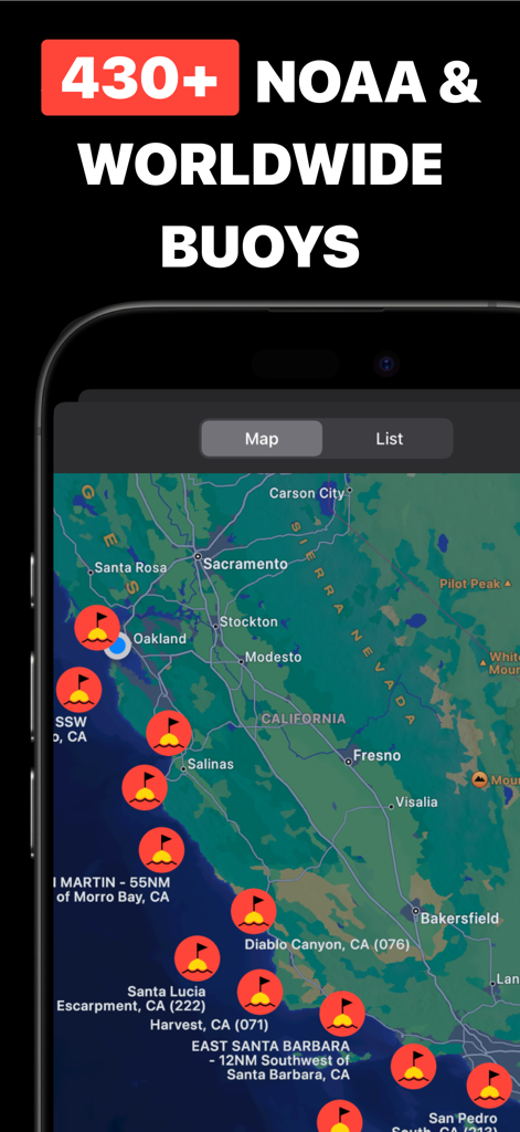Surf Report Buoys by Buoywatch - Map view of Surf Report Buoys app showing NOAA buoy locations along the California coastline
