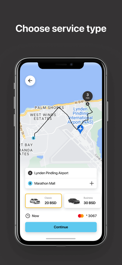 Tribur - Request a Ride - Tribur app interface showing ride service options with prices for a trip from the airport in Nassau Bahamas
