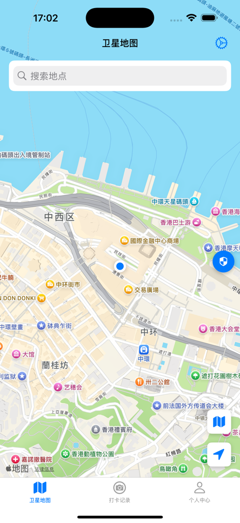 天网5G卫星地图 - Skynet 5G Satellite Map interface showing a navigation map in Simplified Chinese with search and check-in features