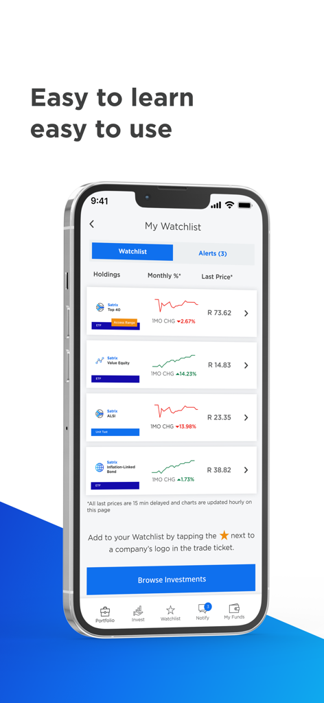 SatrixNOW - SatrixNOWアプリに、南アフリカの投資ファンドのウォッチリストと価格チャートが表示されています。